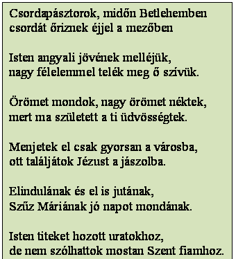 Szövegdoboz: Csordapásztorok, midőn Betlehemben
csordát őriznek éjjel a mezőben

Isten angyali jövének melléjük,
nagy félelemmel telék meg ő szívük.

Örömet mondok, nagy örömet néktek,
mert ma született a ti üdvösségtek.

Menjetek el csak gyorsan a városba,
ott találjátok Jézust a jászolba.

Elindulának és el is jutának,
Szűz Máriának jó napot mondának.

Isten titeket hozott uratokhoz,
de nem szólhattok mostan Szent fiamhoz.
